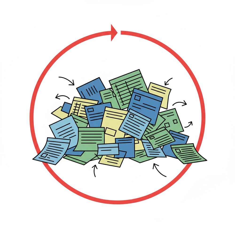 Pile of disorganized documents and scattered spreadsheets representing inefficient client management