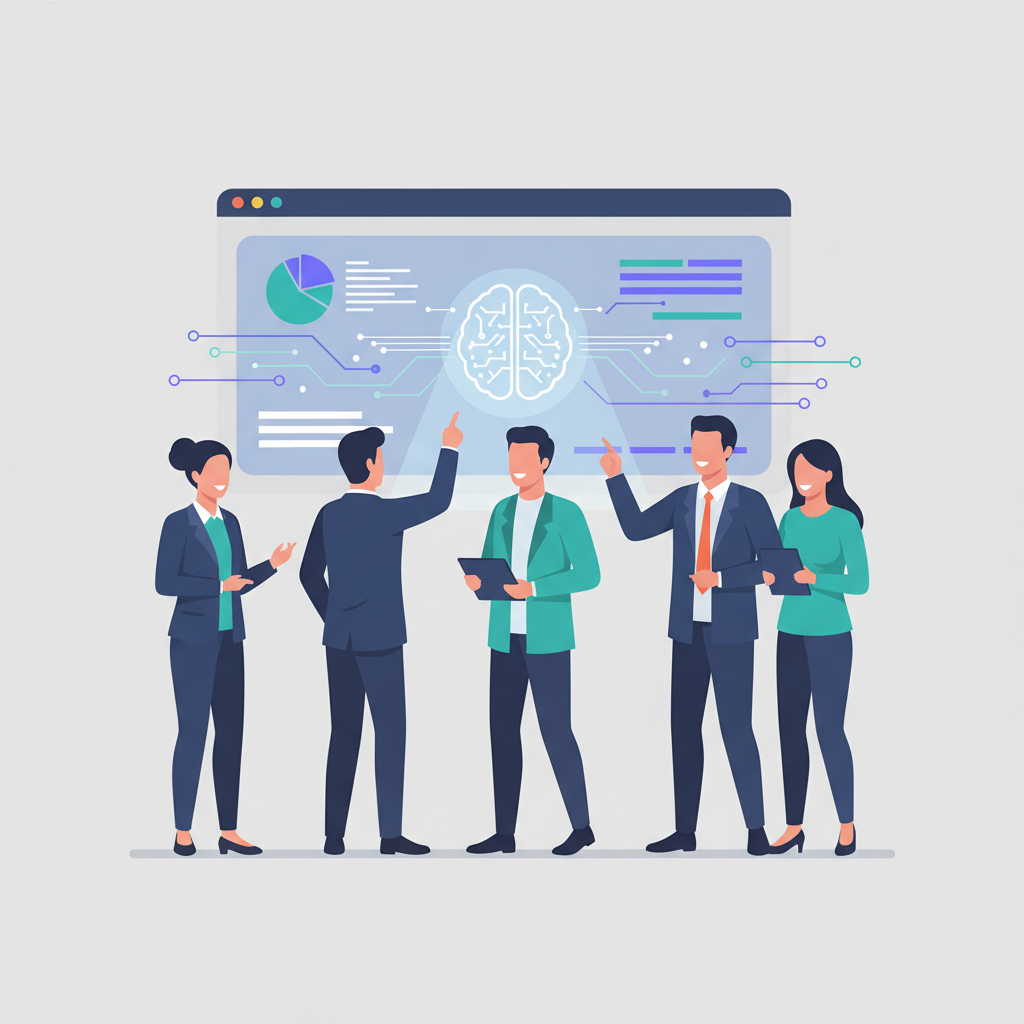 Diverse business team collaborating with AI interface on a large screen, focused on data and productivity