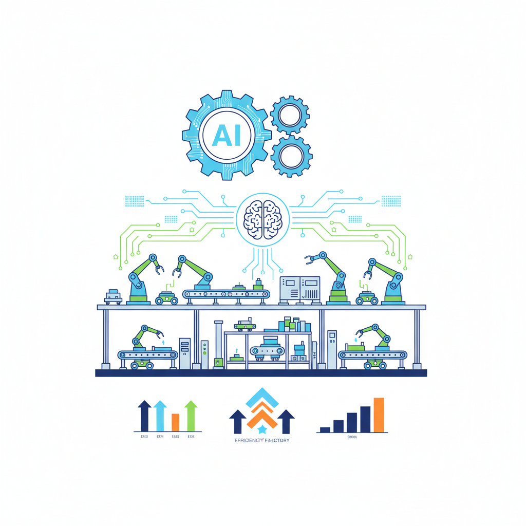Blueprint of a smart factory with automated machinery and data flows, illustrating operational efficiency through AI