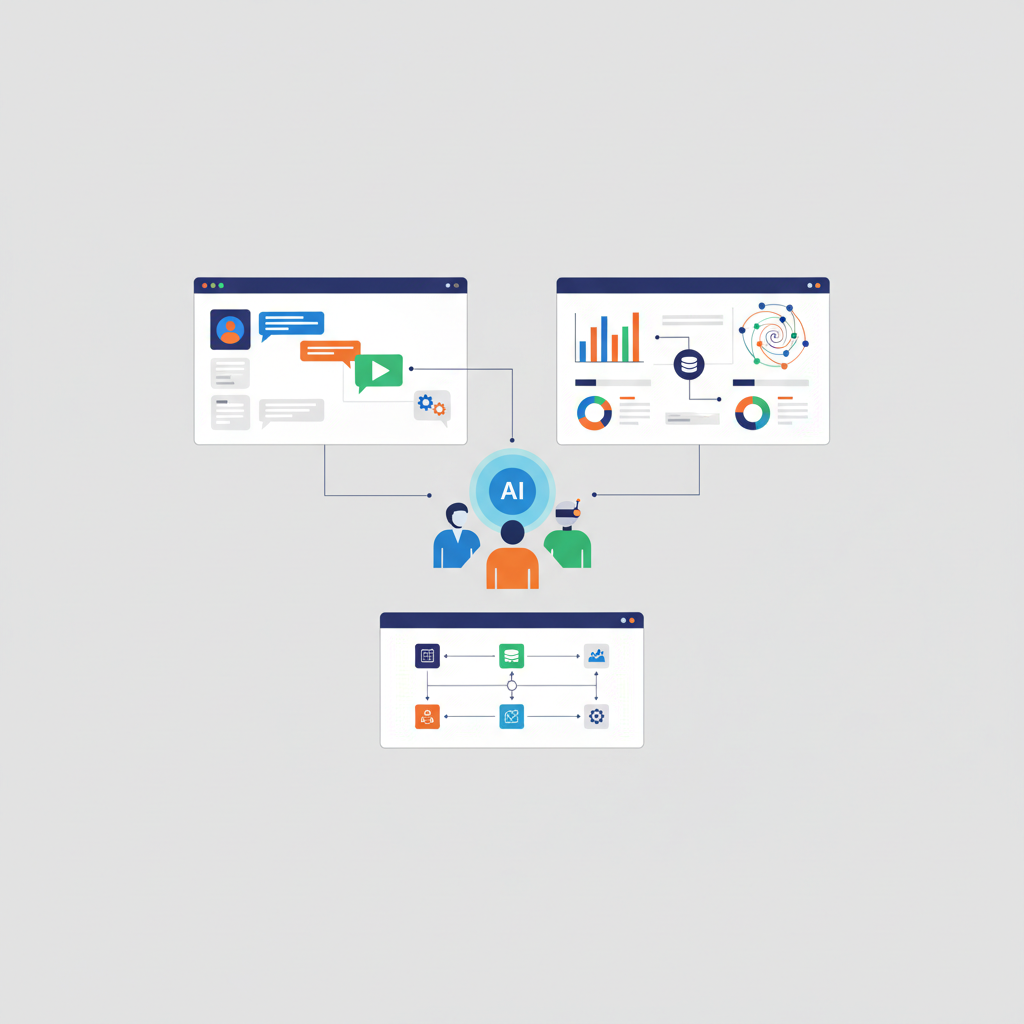 AI automation examples: A diverse team collaborating with AI chatbots and data visualizations on multiple screens