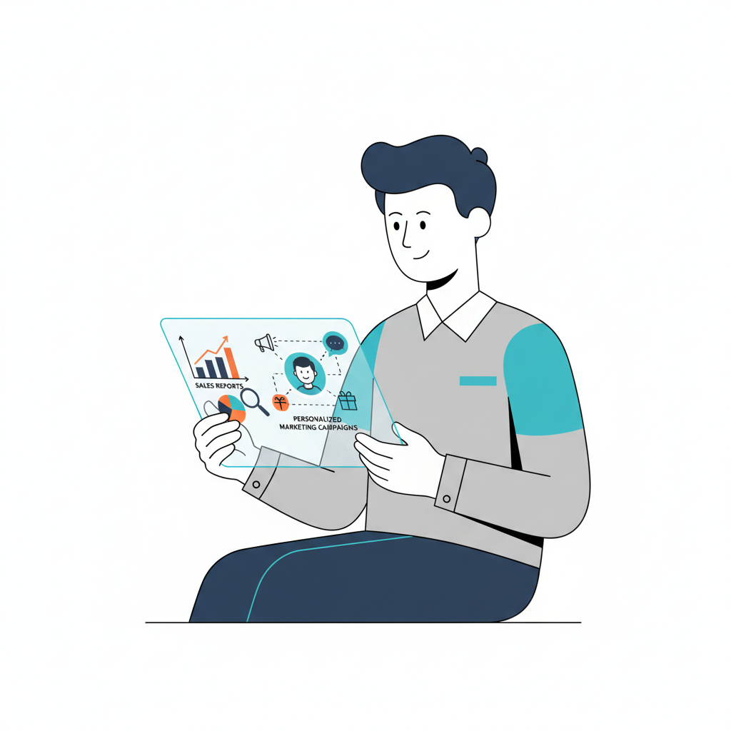 AI automation examples: A person reviewing AI-generated sales reports and personalized marketing campaigns on a tablet