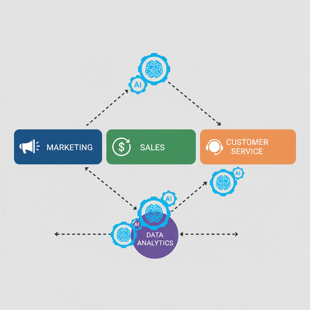 Diagram showing various business departments like marketing, sales, and customer service, all connected by AI automation icons.