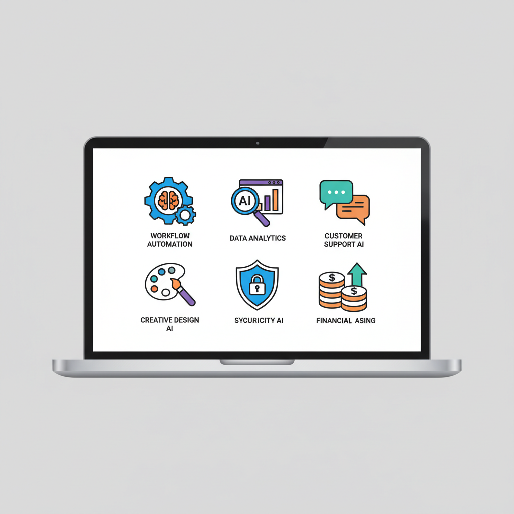 An array of diverse, modern AI software icons on a laptop screen, representing accessible AI tools for small businesses.