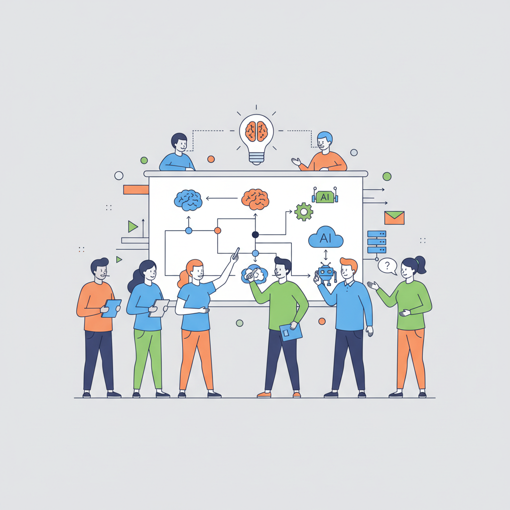 A diverse team collaborating around a whiteboard with flowcharts, demonstrating team training and adaptation to new AI processes.