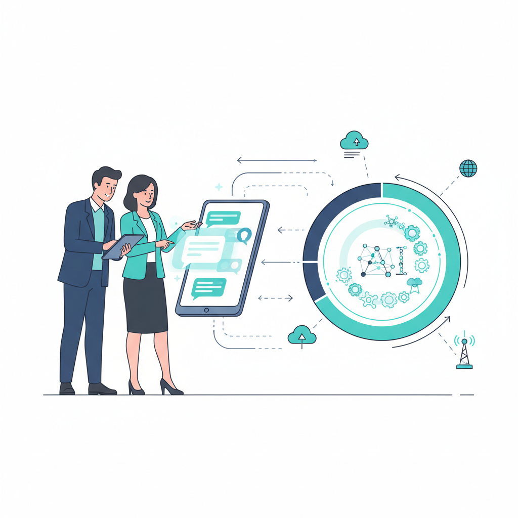 Two business people looking at a tablet displaying a chatbot interface, discussing AI integration strategies for their company.