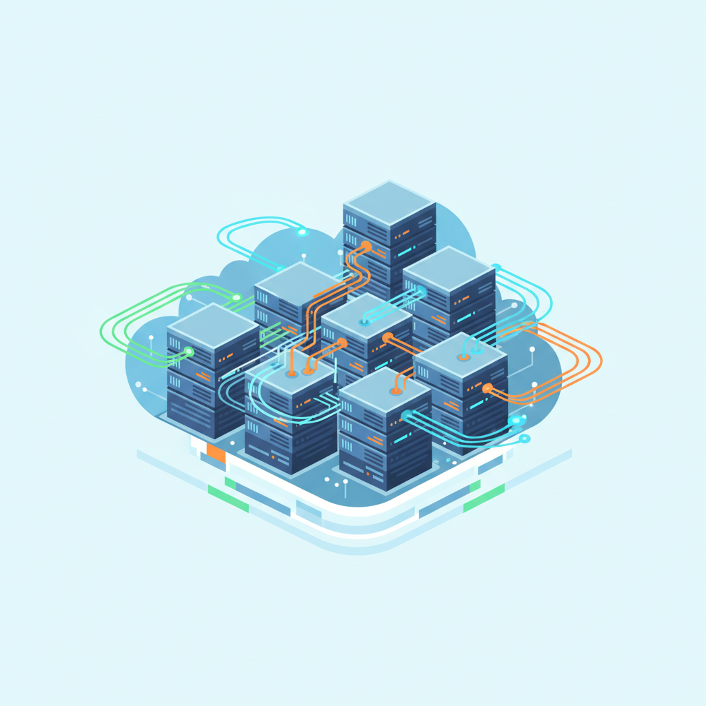 Cloud server infrastructure with glowing data streams, representing the underlying technology and recurring costs for AI chatbot hosting.