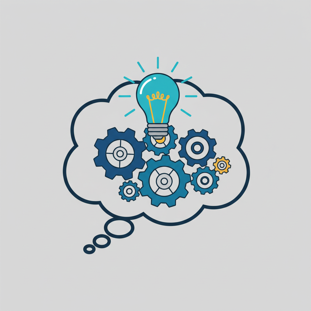 A thought bubble with gears and a lightbulb, symbolizing complex problem-solving, strategic planning, and hidden considerations in AI implementation.