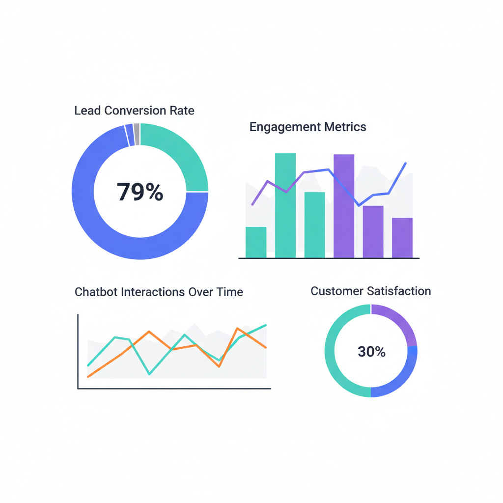 Analytics dashboard displaying chatbot performance metrics like lead conversion rates and engagement