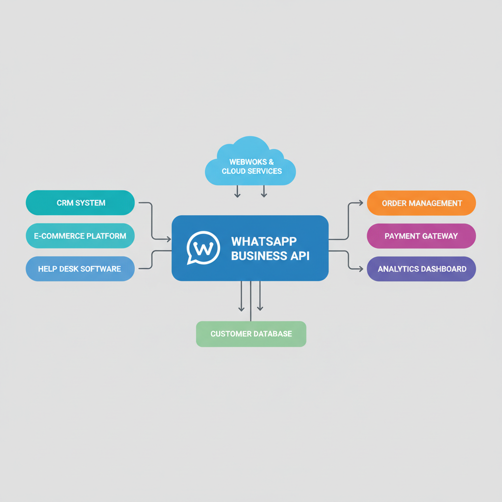 Diagram illustrating the architecture of WhatsApp Business API integration with various business systems.