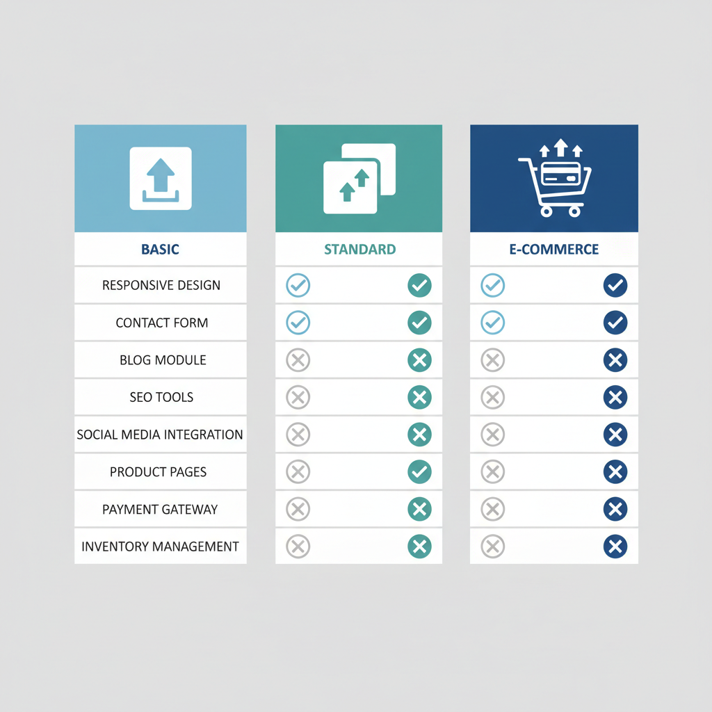 Comparison table of features included in basic, standard, and e-commerce website packages