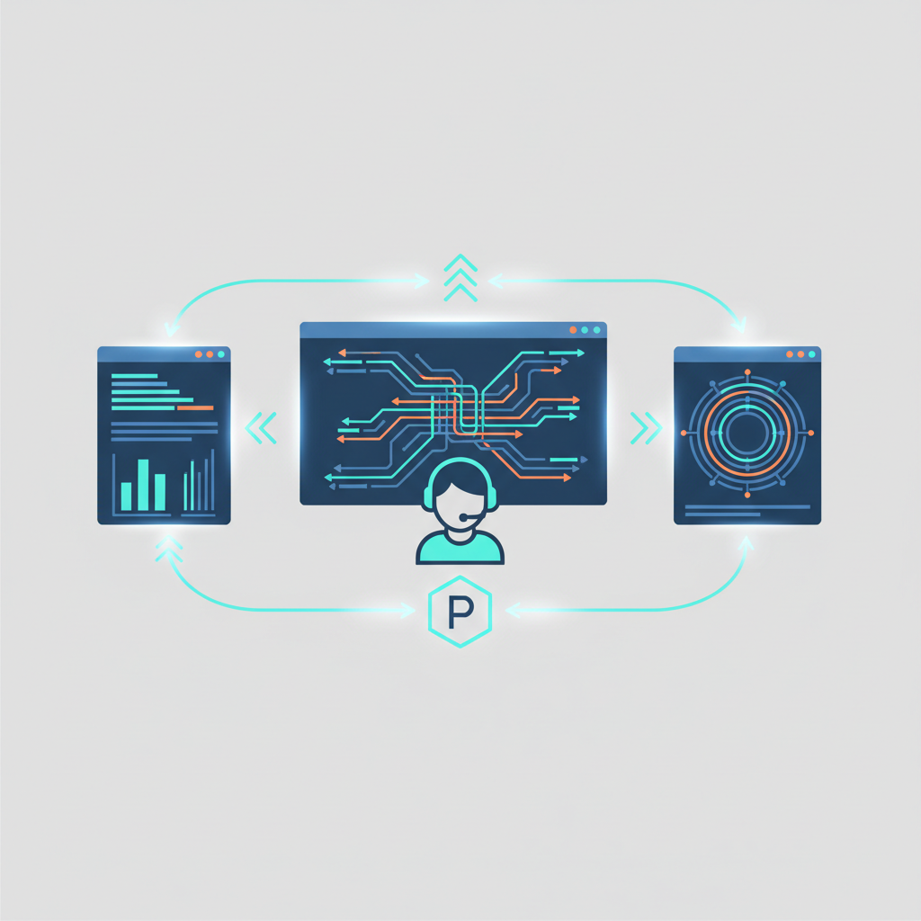 Developer working on a complex code interface with multiple screens, illustrating project complexity