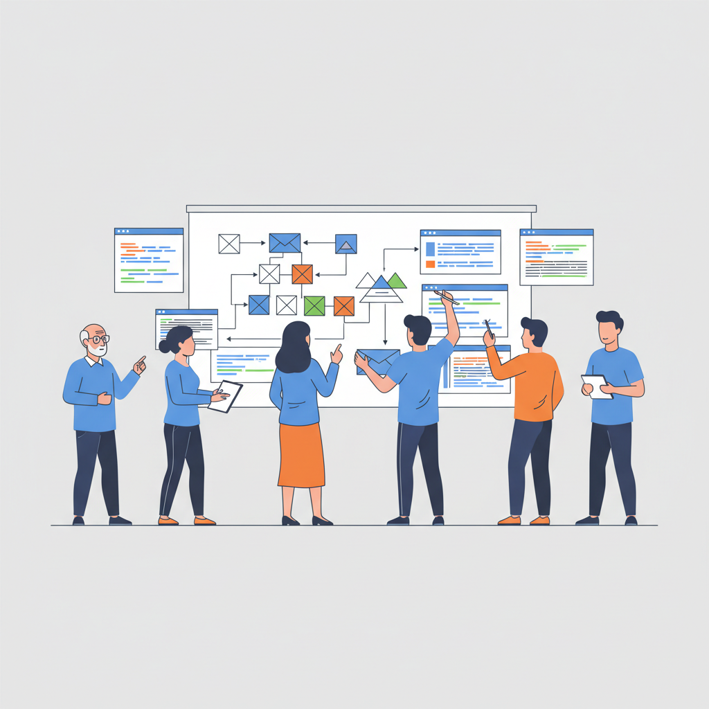 Diverse team of developers collaborating around a whiteboard, showing team size and experience