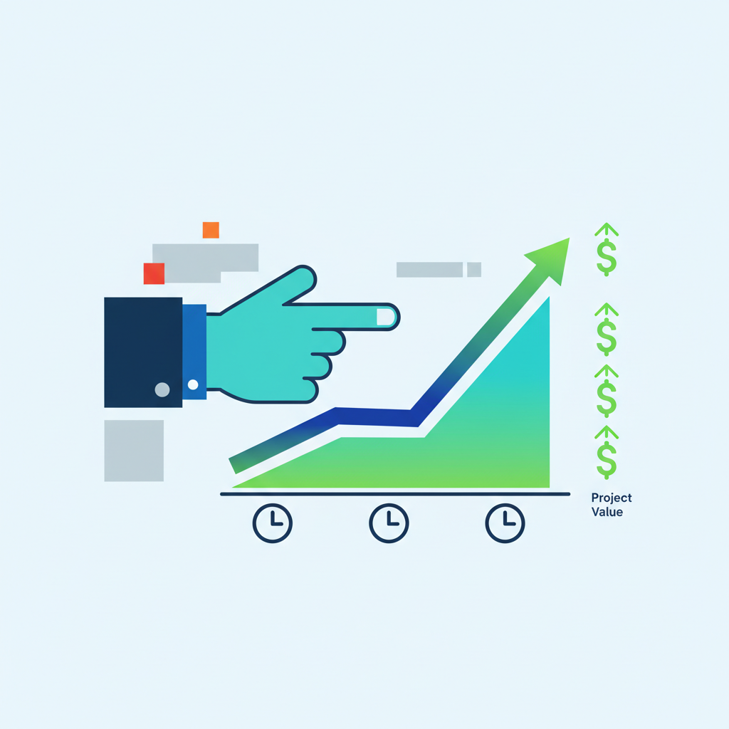 Hand pointing to a graph showing increasing project value over time, representing ROI