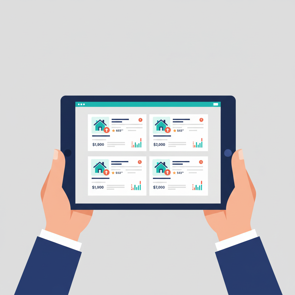 Tablet displaying updated real estate property listings with digital information