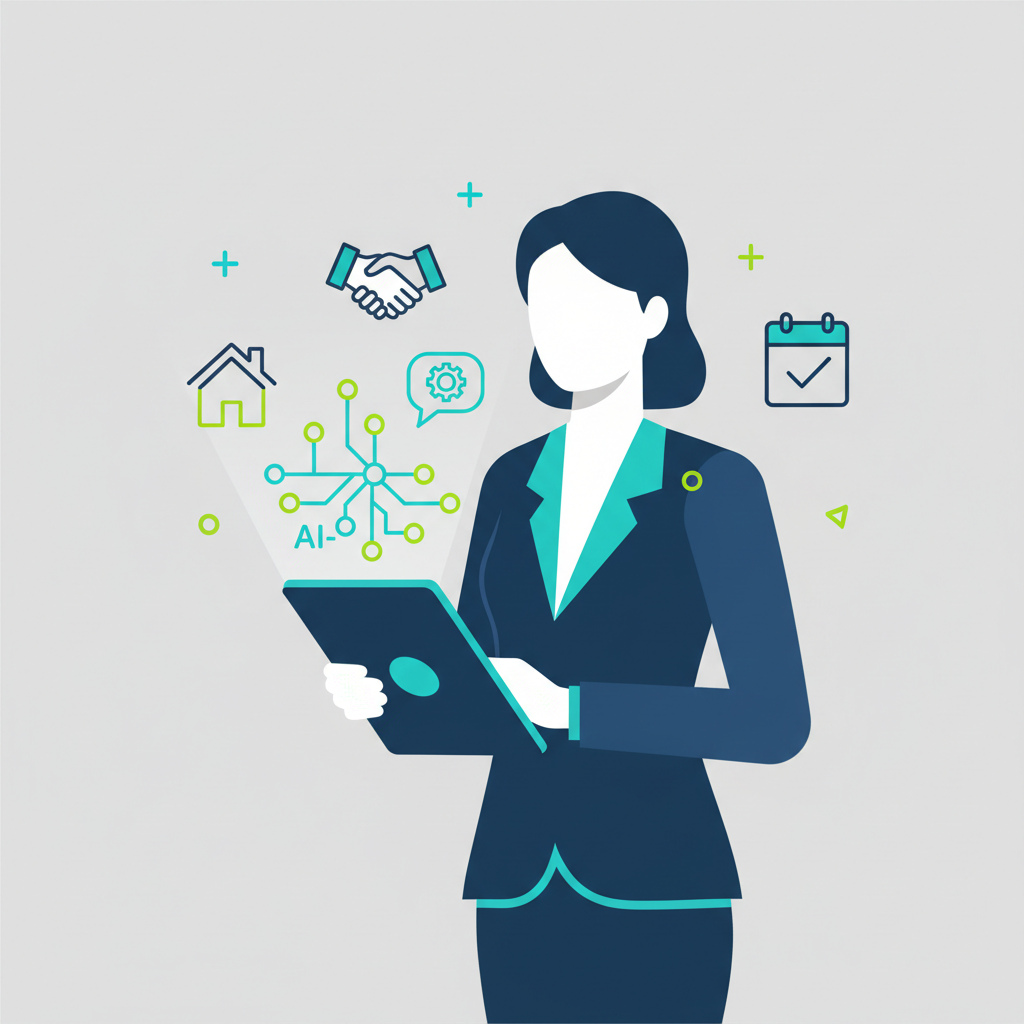 Real estate agent using a tablet with AI tools to manage client interactions