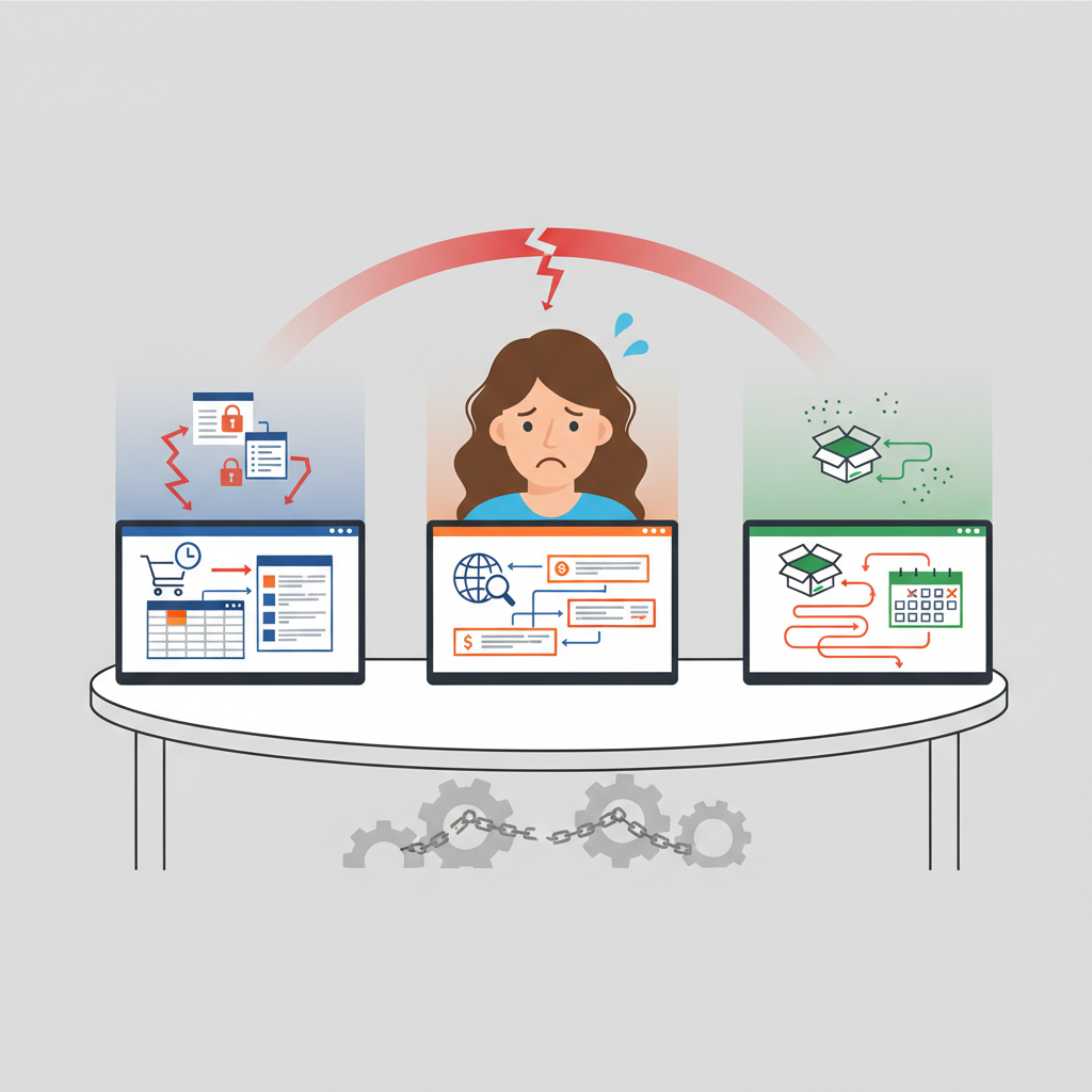 Woman looking stressed at multiple open laptop screens, symbolizing manual e-commerce tasks