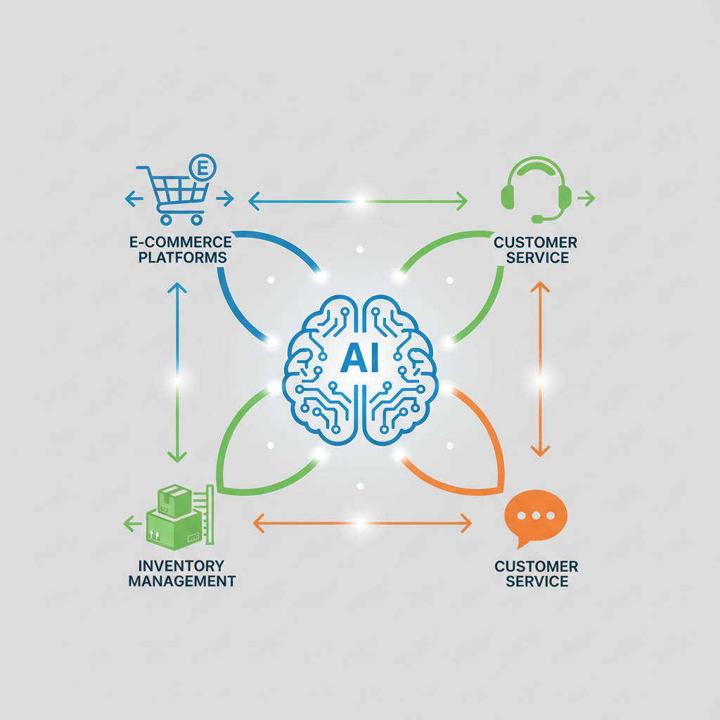 Digital infographic showing data flow between e-commerce platforms, inventory, and customer service, all managed by AI