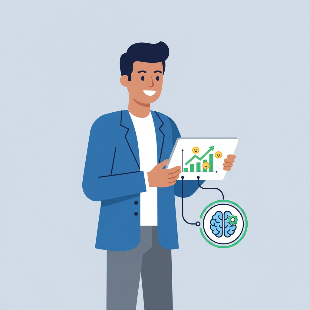 Smiling e-commerce business owner reviewing a tablet with positive sales metrics, showcasing the benefits of AI automation