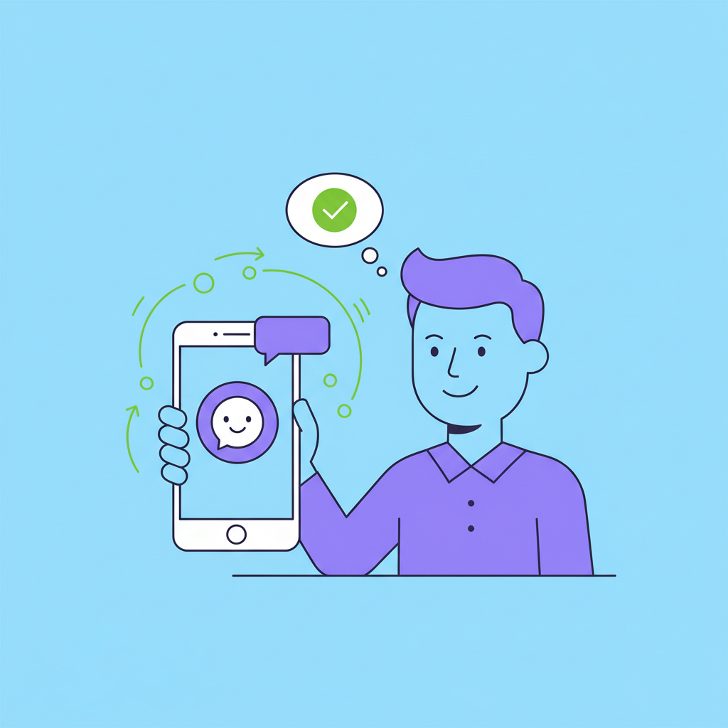 A happy customer interacting seamlessly with a chatbot on a mobile phone