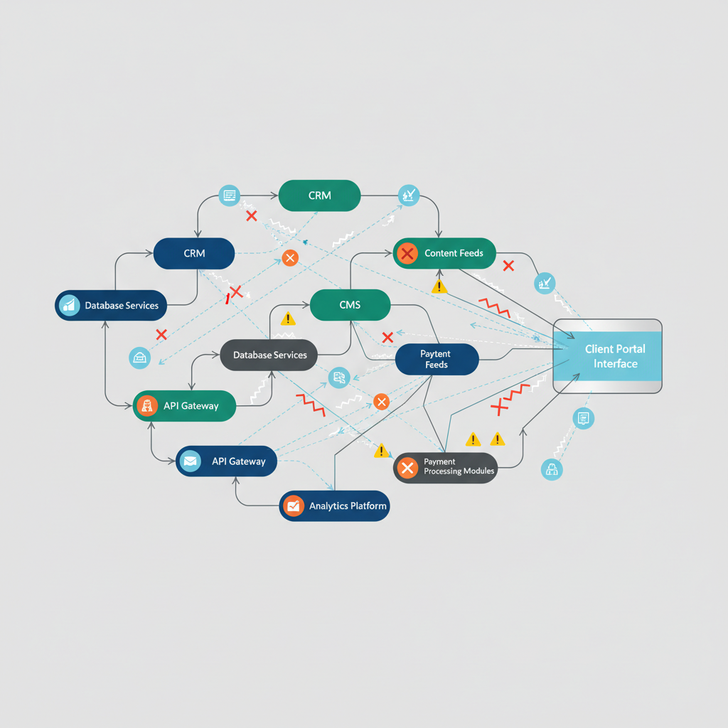 A complex network diagram illustrating interconnected systems and data flow, representing the integration challenges in client portal development.