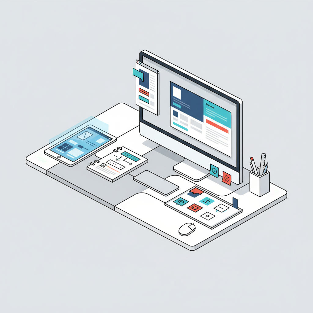 A designer's desk with wireframes, sketches, and UI mockups, showcasing the user experience design phase for a client portal.