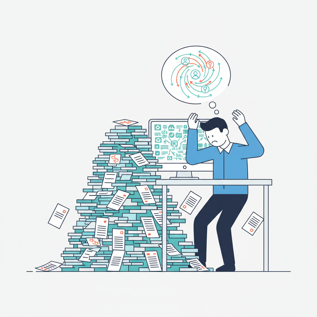 Customer service agent overwhelmed by a pile of support tickets