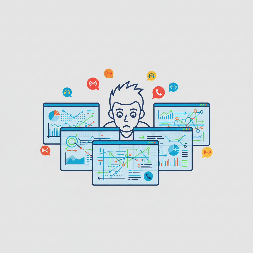 Logistics dispatcher in front of multiple screens, visually overwhelmed by data and calls