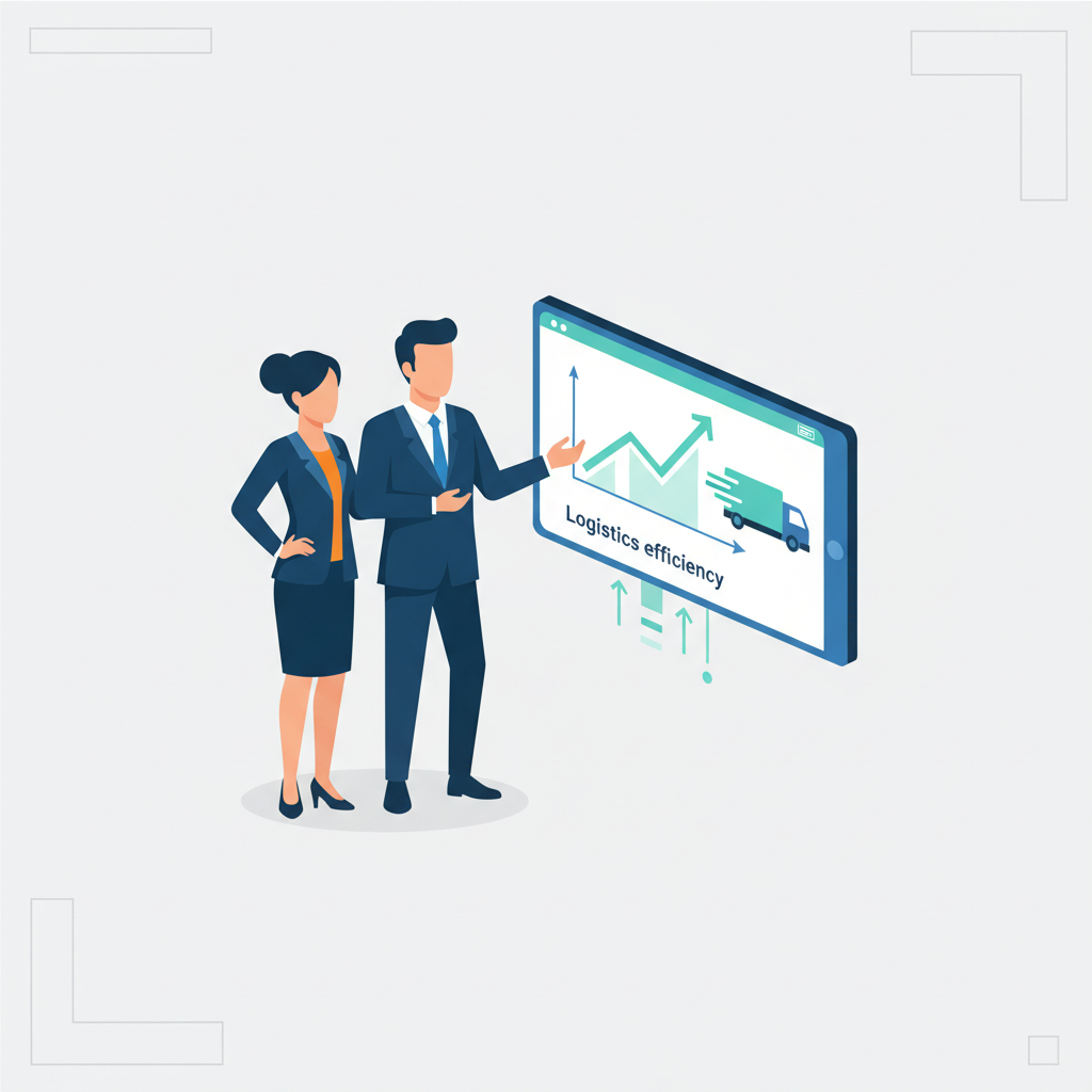 Two business professionals discussing data on a tablet, showing a graph of improved logistics efficiency